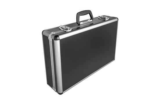 Black padded aluminum briefcase case with metal corners isolated on white photo