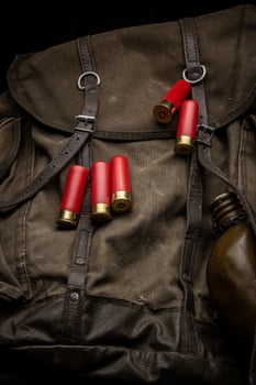 Shotgun cartridges a on a canvas bag. Ammunition for 12 gauge smoothbore weapons. Hunting ammunition. photo