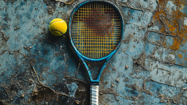Tennis racket and ball resting on a weathered blue surface photo