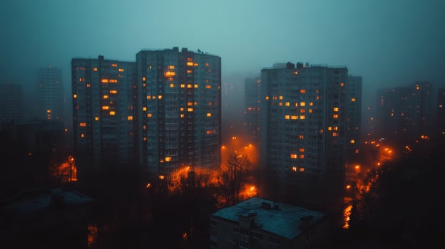 Colorful apartment buildings illuminated at night under a starry sky photo