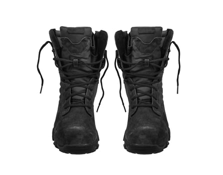 Modern army combat boots. New black shoes. Isolate on a white back. photo