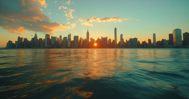 Skyline view of New York City at dusk with reflections on the water photo