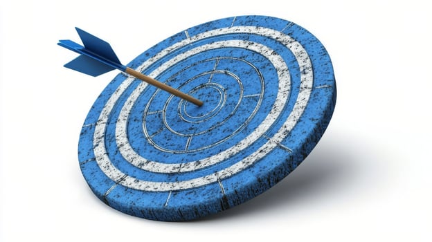 Arrow hitting blue bullseye target on a white background photo
