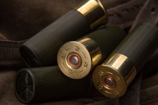 Shotgun shells close-up. Ammunition for smoothbore weapons on a khaki canvas backpack. Dark back photo