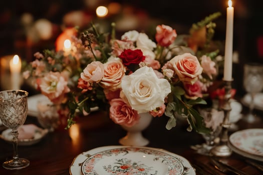 Floral centerpiece graces an intimate wedding dinner setting with candlelight photo