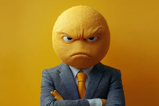 Potrait of a businessperson cartoon character wearing suit with an angry and fierce emoji head, yellow background photo