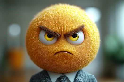 Close-up of a businessperson in a modern suit with an angry and sad emoji head, blurred background photo