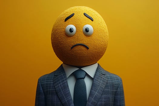 Potrait of a young businessperson wearing suit with a sad emoji head, failure, mistake, yellow wall background photo