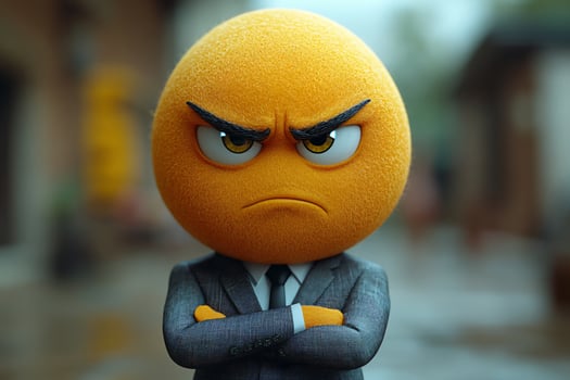 Potrait of a businessperson cartoon character wearing suit with an angry emoji head, blurred background photo