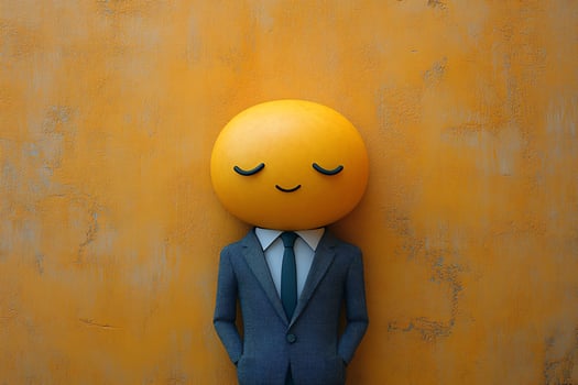 Businessperson in a modern suit with a close eyes and sleepy emoji head, yellow wall background, happy and relaxing concepts photo