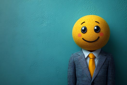 Executive in a suit with a joy emoji head, blue background, copy space photo