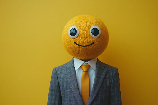 Executive in a modern suit with a funny emoji head, isolated on yellow background photo