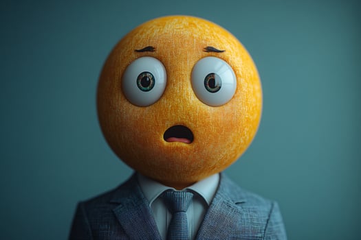 Potrait of a businessman wearing suit with emoji head displays be frightened photo