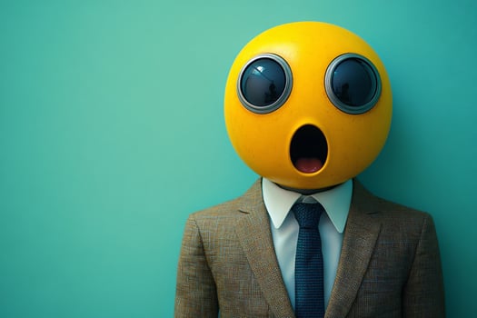 Potrait of a businessperson wearing suit with a shocked emoji head, green background, copy space photo