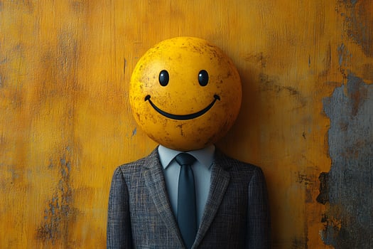 Young businessman in a modern suit with a happy and smile emoji head, isolated on yellow background photo