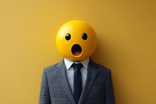 Potrait of a young businessman wearing suit with a shocked emoji head, isolated on yellow background photo