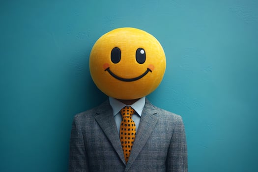 Businessman in a suit with a joy emoji head, blue background, friendly concepts photo