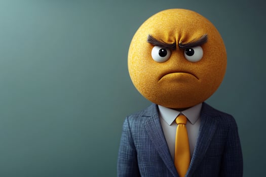 Businessperson wearing suit with angry emoji head, business failure, green background, copy space photo