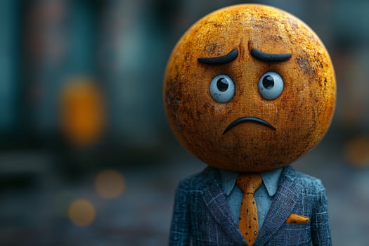 Potrait of a businessperson wearing suit with a sad emoji head, failure, mistake, blurred background photo