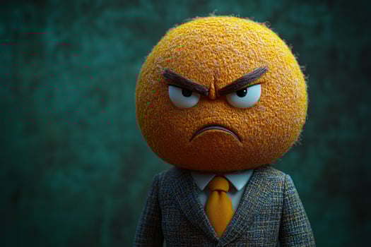 Potrait of a businessperson in a modern suit with an angry emoji head, blurred green background photo