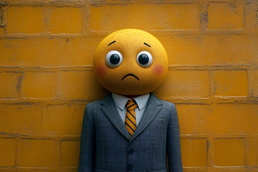 Businessperson wearing suit with a crying emoji head, sadness, yellow wall background photo