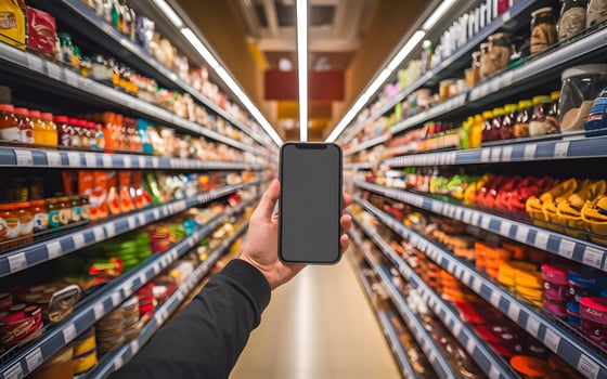 Close-Up of Hand Holding Smartphone in Grocery Store photo