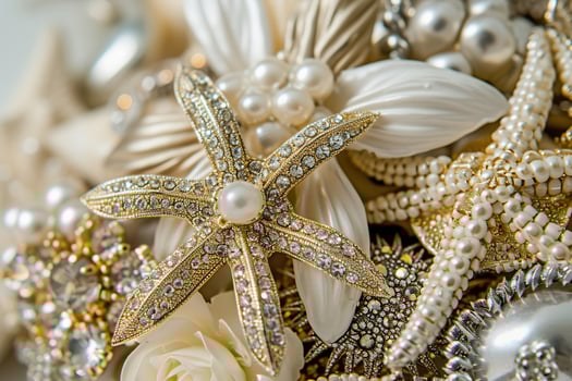 Beachy bliss brooch bouquet, collection of starfish and floral jewelry designs with pearls. photo