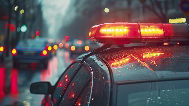 Close up of a police car light flasher with illuminated background on a rainy street photo