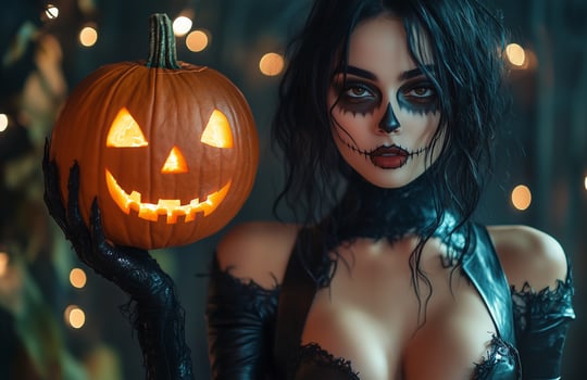 A stunning woman with black hair, dressed in leather, holding a pumpkin, surrounded by lights photo