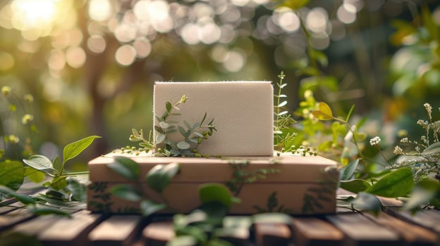 A square of soap on a wooden box with green leaves photo