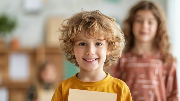 A child holding a piece of paper in front of him photo
