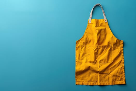 Bright yellow apron hanging against a vibrant turquoise backdrop for a cheerful culinary experience at home photo