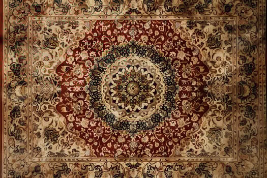 Intricate Persian carpet with floral motifs displayed on a wooden floor in warm lighting photo