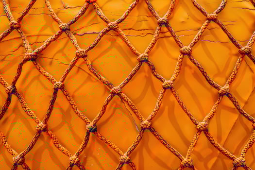 Textured orange netting against a weathered wall in bright sunlight, showcasing intricate patterns and vibrant colors photo