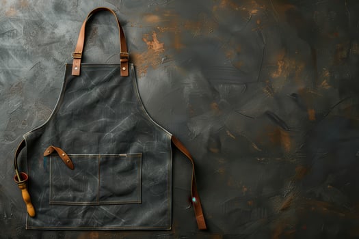 A vintage artisan's apron draped against a rustic, textured background in warm, earthy tones photo