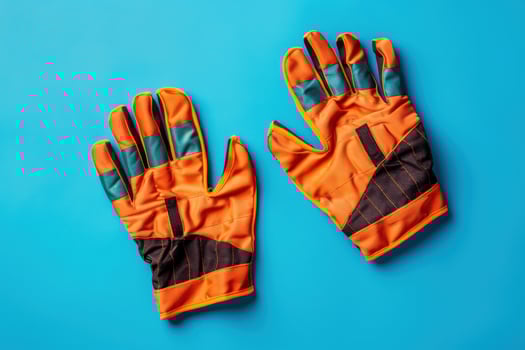 Bright orange goalkeeper gloves resting on a vibrant blue surface, showcasing grip and design detail, ready for an exciting match photo