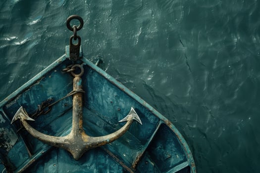 An ancient anchor rests on a weathered boat, partially submerged in tranquil turquoise waters under soft daylight photo