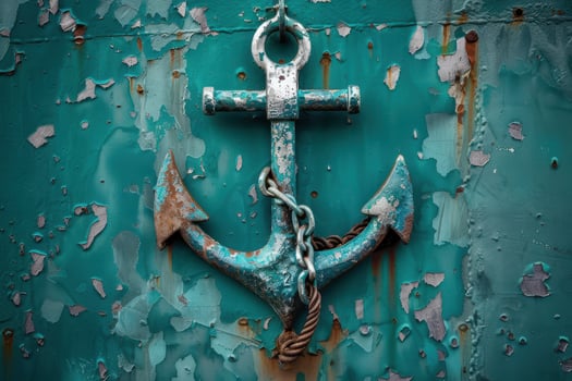 An aged anchor hangs from a rusty turquoise wall, reflecting maritime history and the passage of time photo