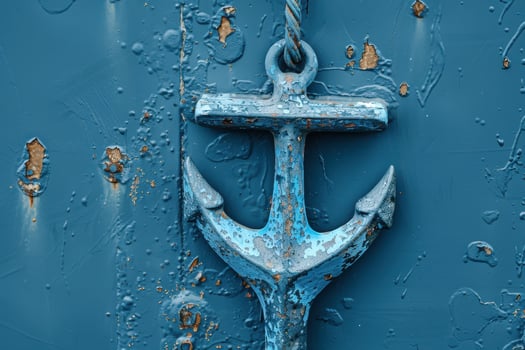 A weathered blue anchor hangs on a rustic wooden wall, revealing textures of time and the sea's embrace photo
