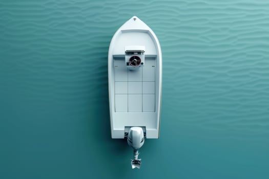 A tranquil morning on calm waters with a solitary white boat anchored gracefully photo