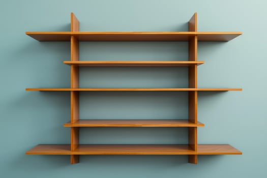 Modern wooden shelving unit with a minimalist design mounted on a light blue wall for a stylish interior decor photo