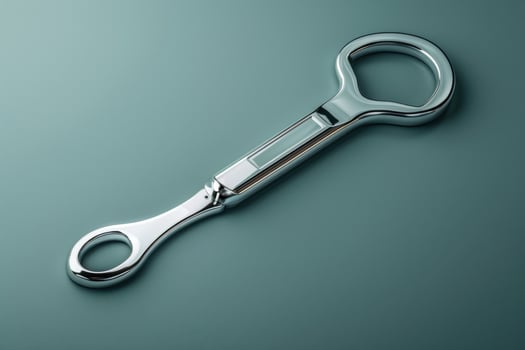 Sleek stainless steel hand tool resting on a smooth surface in soft, diffused light photo