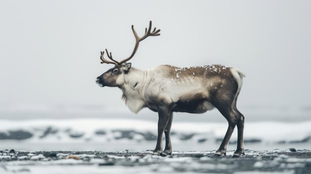 A majestic reindeer strides through the snow, with a wintry landscape in the background. photo