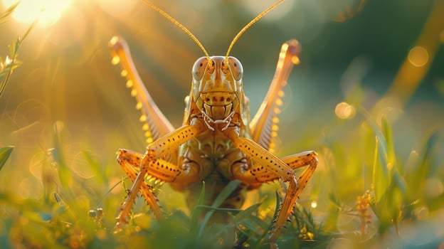 A close-up of a vibrant yellow and red insect, possibly a grasshopper or katydid, photo
