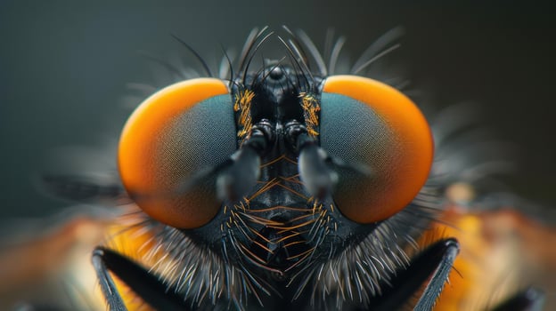 Magnified close-up of a large dragonfly with iridescent coloration and a large eye. photo