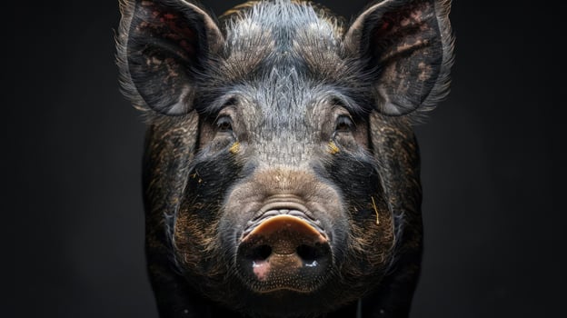 A close-up shot of a decorated pig with a large tattoo on its snout. photo