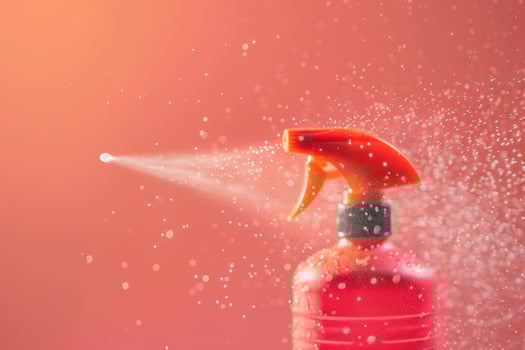 Vibrant mist from a red spray bottle against a warm peach background photo