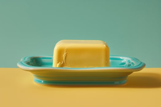 Bright yellow butter resting on a vintage turquoise plate against a warm yellow background photo