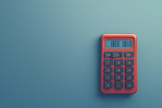 A vibrant red calculator resting on a smooth blue table surface, displaying an intriguing digital readout, ideal for math enthusiasts and students alike photo