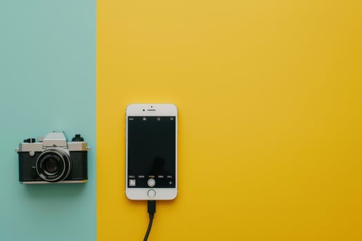 A vintage camera and a modern smartphone on contrasting backgrounds, showcasing the evolution of photography photo